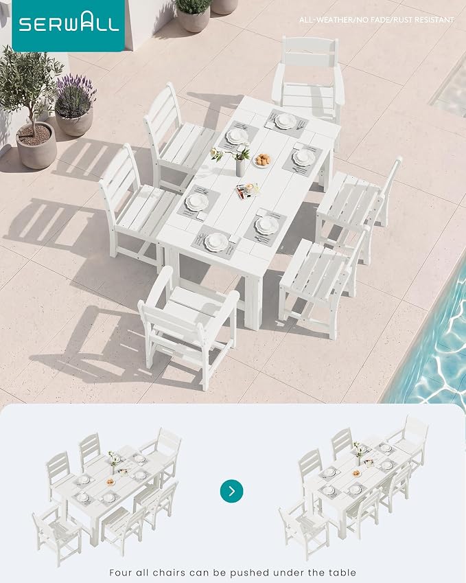 SERWALL HDPE Outdoor Dining Table and Chairs Set for 6 | with Armless Chair Seat