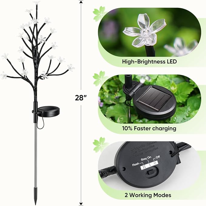 4 Pack Solar Lights Outdoor Waterproof, Garden Lights Solar Flowers | 2 Modes 80LED, Fairy Garden Decor for Outside, Yard, Patio, Pathway, Lawn Decorations, Gardening Gifts for Women Mom