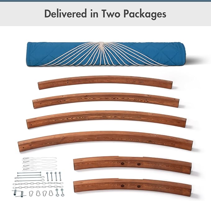 ANOW 13.5FT Curved Wood Stand with Double Hammock, Heavy Duty Larch Wood Arc Stand with 2 Chains, 4 Balance Ropes and 4 Carabiners, Includes Blue Hammock with Spreader Bars