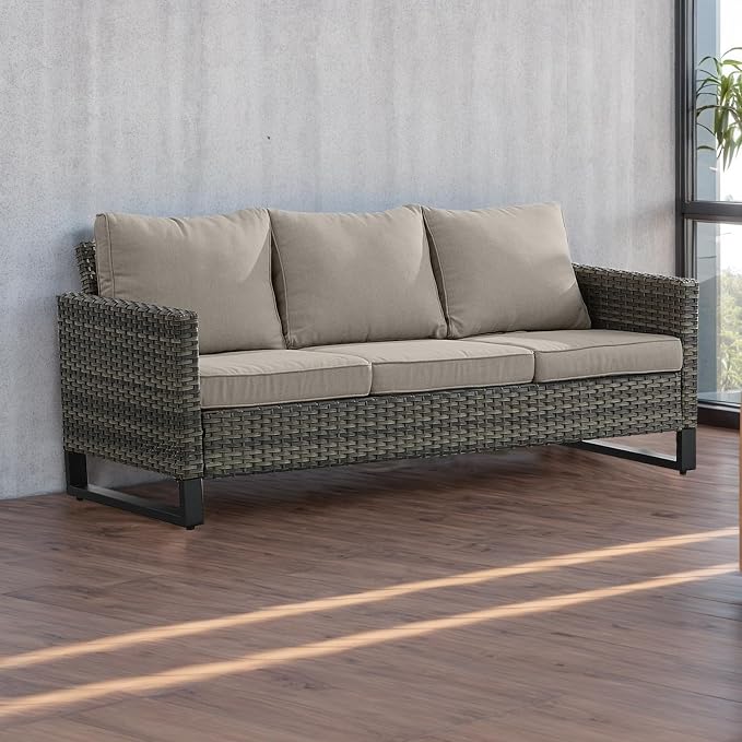 Luxury Wicker Outdoor Couch Patio Sofa - 3 Seater Rattan Outdoor Patio Couch Water Resistant,Comfortable Cushions and Sturdy Metal Frame for Outside Porch Deck Backyard Garden(Mixed Grey/Grey)