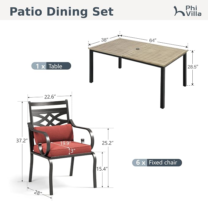 PHI VILLA Patio Dining Set, Metal Table | Metal chairs, Red Cushion, Umbrella Hole, Cushions, E-coated