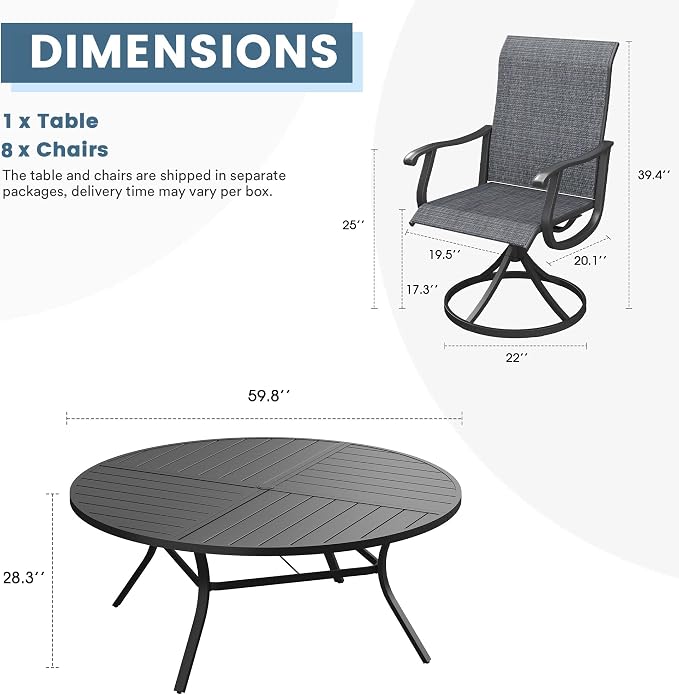 DIFY Patio Table and Chairs Set for 8, 9 Piece Outdoor Dining Set, 59.8" Black Round Metal Dining Table with Umbrella Hole and 8 Dark Grey Textilene Swivel Patio Chairs, for Garden Backyard Deck