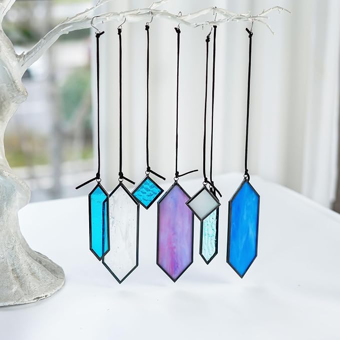 7pcs Stained Glass Window Hanging Suncatchers Modern Blue Wall Art Ornament | Blue Dreams,Sun Catchers Indoor Window,Home Garden Decor,Element Earth Tones Panel Set,Gift For Women,With String & Hook