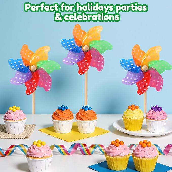 IilLittle 10 Pack Rainbow Pinwheel, Pinwheels for Kids | Assembly Instructions Included, Easy Assembly, Wooden Pole, PP Plastic, Waterproof, Sturdy