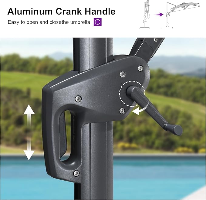 PURPLE LEAF 8' X 10' Swivel Outdoor Patio Aluminum Umbrella with Base Left-right Tilting Cantilever Offset Umbrella with UV Resistant Heavy Duty Fabric for Deck Pool Patio Backyard, Ash Mocha