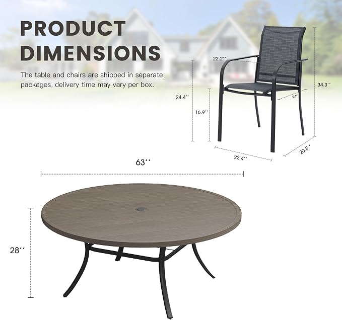 11 Pieces Outdoor Dining Set, Stackable Textilene Paito Chairs & 63" Round Dining Table with Umbrella Hole, Patio Dining Set for Backyard, Deck, Garden, Grey