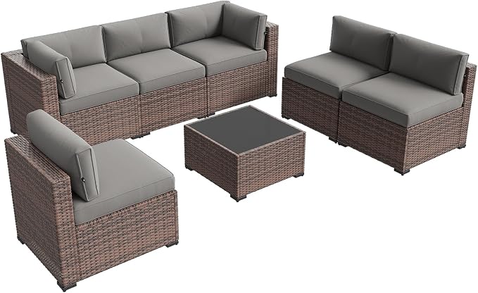 Aoxun Patio Furniture Sets, 7-Piece Outdoor Patio Furniture with Thick Cushions, Wicker Outdoor Conversation Set Sectional Sofa for Backyard, Poolside, Garden