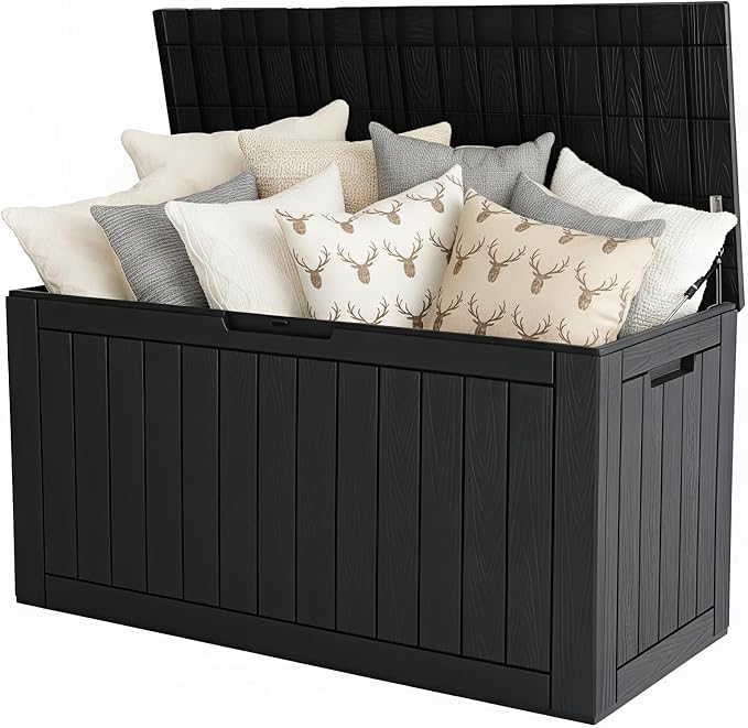 Bifanuo Large Outdoor Deck Box, Waterproof Resin Storage Box with Hydraulic Rods, Lockable Patio Storage Bench with 330 Lbs Load Capacity