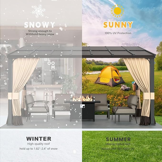 10' x 14' Lean to Gazebo,Large Wall Mount Heavy Duty Gazebos Pavilion,Outdoor Hardtop Pergola Shelter with Curtains and Netting,Sunshade for Patio Garden Lawn Backyard Deck,Brown