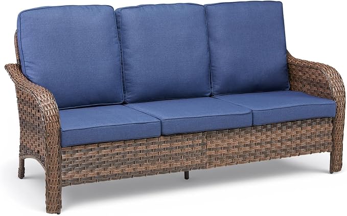 Luxury Outdoor Patio Furniture Set-Wicker High Backrest 3-Seat Patio Sofa with Comfy 6" Cushion, Rattan Couch with Deep Seat All-Weather Patio Conversation Set for Deck Backyard Garden(Gray/Blue)