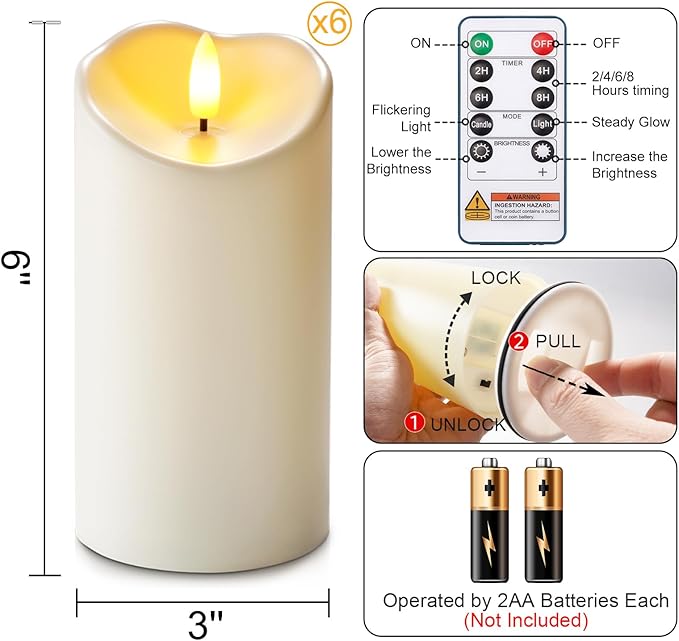 Homemory Waterproof Candles Outdoor, 6 Pack 3"x6" Flameless LED Pillar Candles with Remote & Timer, Battery Operated Flickering Candles for Patio, Garden, Lantern, Outdoor Decor