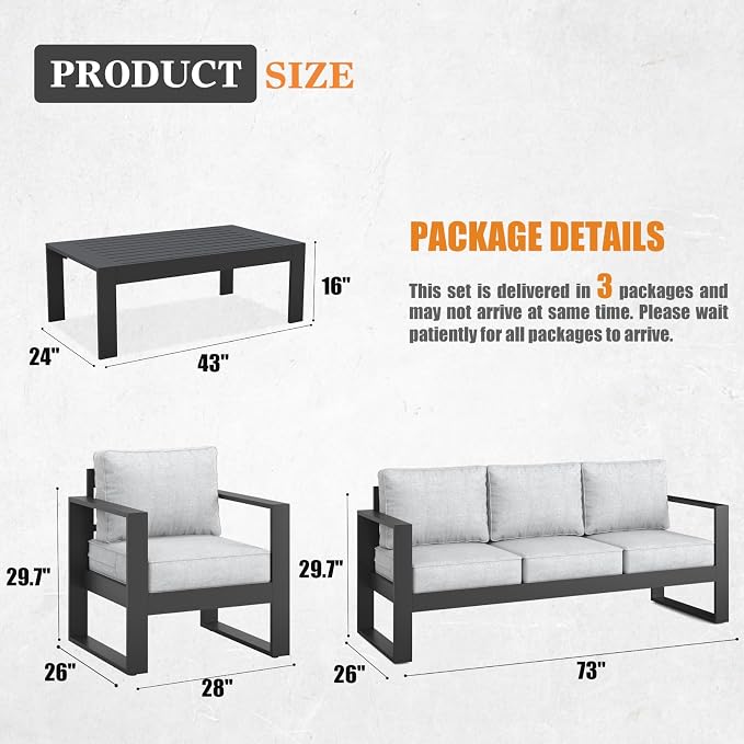 Outdoor Aluminum Furniture Set - 4 Pieces Modern Patio Conversation Sets Metal Sectional Sofa with Coffee Table