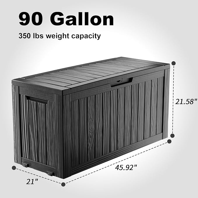 Vixzen 90 Gallon Deck Boxes Outdoor Waterproof, Lockable Resin Storage Box with lid for Furniture Cushions, Weatherproof Containers Outside Storage Boxes for Garden Patio Pool Tools(Black, 90 Gallon)