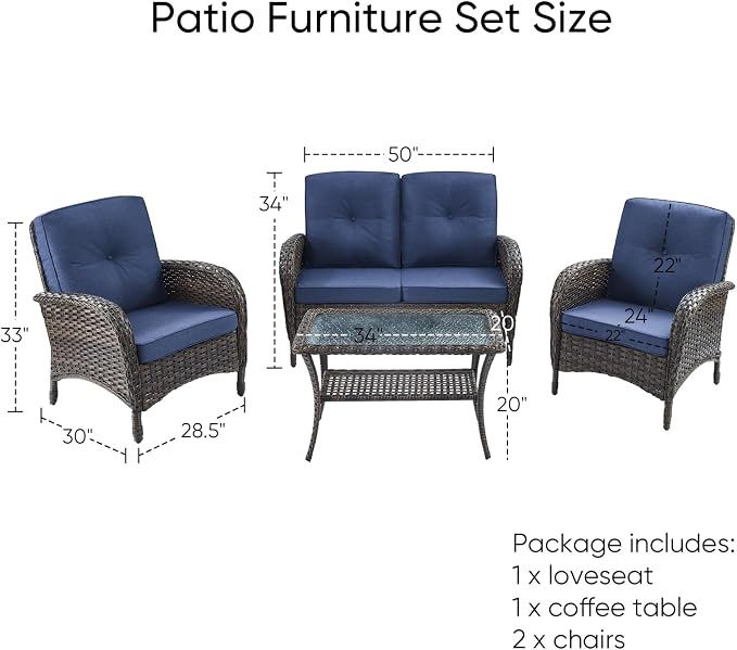 HUMMUH 4-Piece Patio Furniture Wicker Outdoor Conversation Set,All-Weather Rattan Outdoor Sofa Set Patio Chairs Coffee Table for Backyard,Porch,Deck