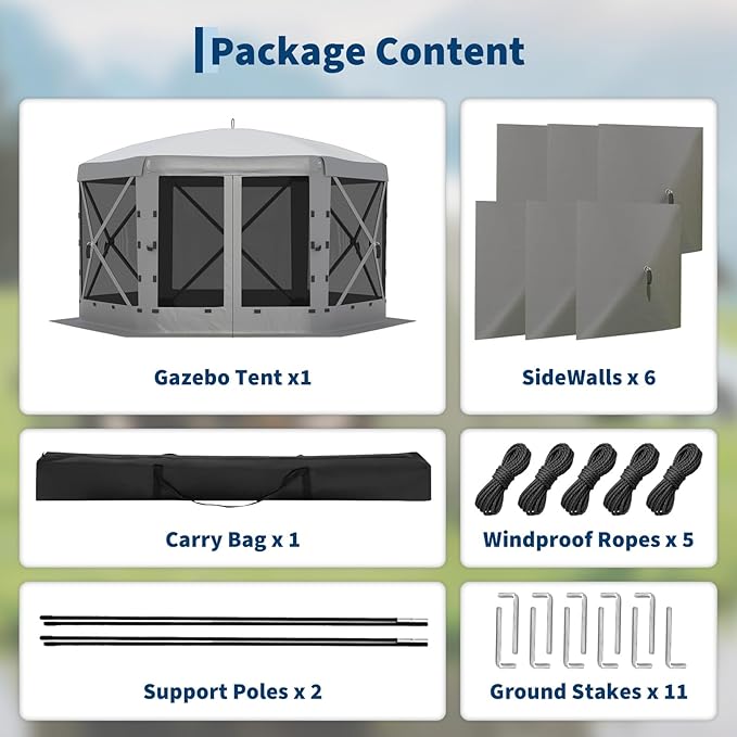 GarveeLife 11.5x11.5FT 6-Sided Pop Up Gazebo Tent,One-Push Setup Canopy Tent with Mesh Panels & Removable Wind Cloths, Outdoor shelter for Camping, Backyard Parties, Outdoor Events - Grey