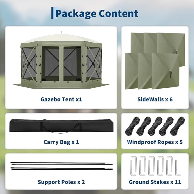GarveeLife 11.5x11.5FT 6-Sided Pop Up Gazebo Tent,One-Push Setup Canopy Tent with Mesh Panels & Removable Wind Cloths, Outdoor shelter for Camping, Backyard Parties, Outdoor Events - Army Green