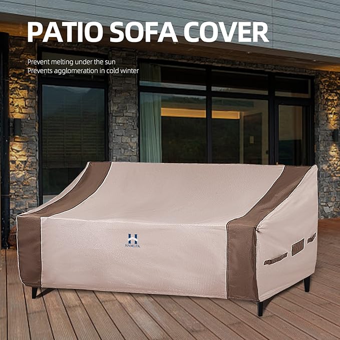 HAMLER Patio Sofa Cover - Heavy Duty Waterproof 2-Seater Outdoor Couch Cover - Air Vents & Handles - Fits up to 58"W x 32.5"D x 24"H - Brown & Beige