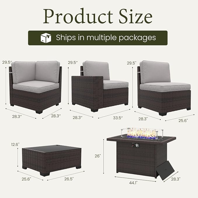 LayinSun 13 Pieces Outdoor Patio Furniture Set with 44" Fire Pit Table Brown Rattan Sectional Sofa Conversation Sets