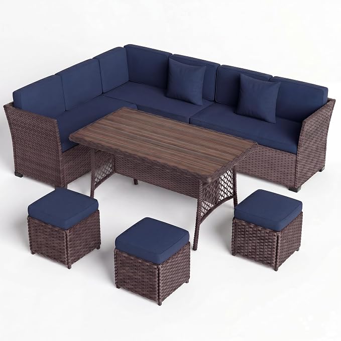 Patio Furniture Set, 7 Pieces Outdoor Dining Sets, All Weather Rattan Conversation Set, Outdoor Dining Sectional Sofa with Large Dining Table, Ottoman (Brown-Navy, A-7 Pieces)