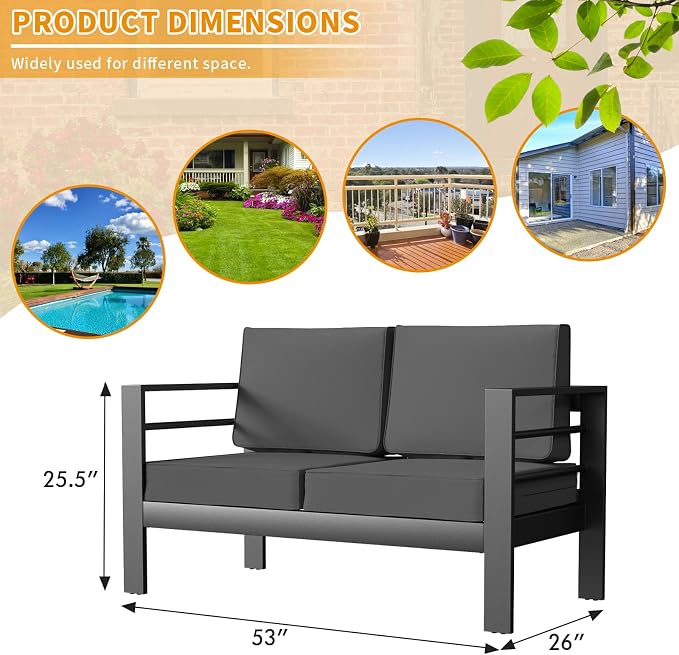 Aluminum Patio Furniture Set, Loveseat Outdoor Set with 5 Inch Cushions, Patio Loveseat Sets with Waterproof Covers for Backyard Garden(Grey)