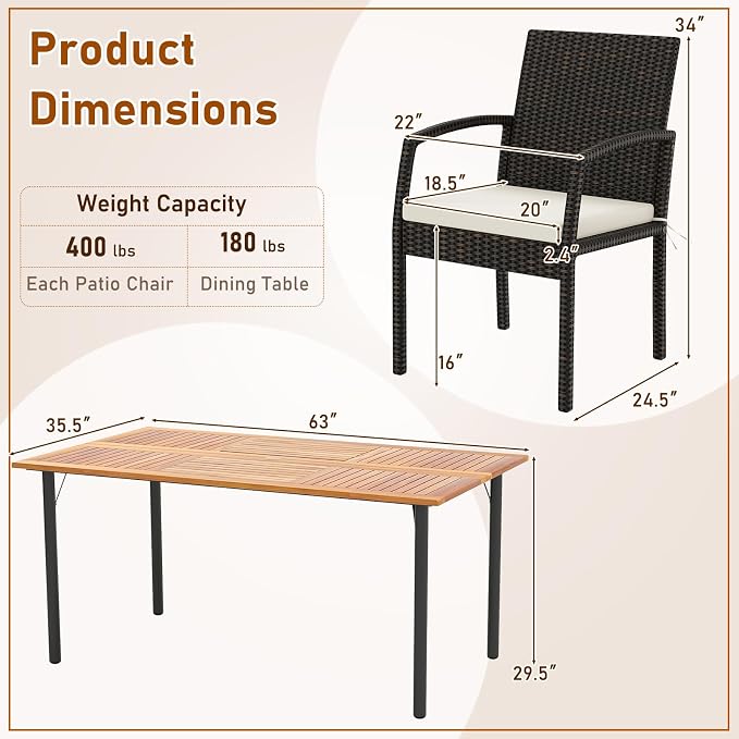 Tangkula 7 Pieces Outdoor Dining Set, Patio Acacia Wood Table and PE Rattan Chairs with Soft Cushions and 2” Umbrella Hole for Deck, Garden and Backyard