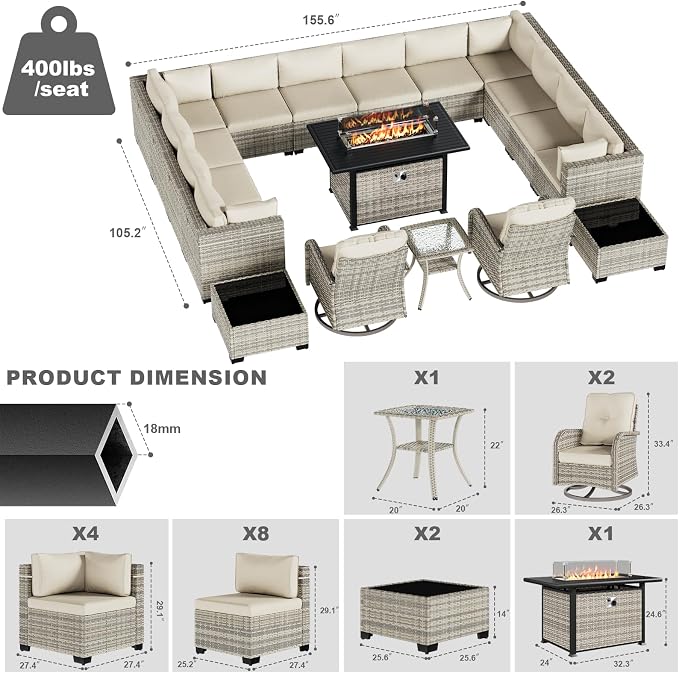 18-Piece Patio Furniture Set, Outdoor Patio Furniture with 55,000 BTU Fire Pit Table, Swivel Chairs Set, Thick Cushions, Modular Patio Sofa, Dual-Strand Wicker Rattan, Rust-Resistant Frame,Lvory