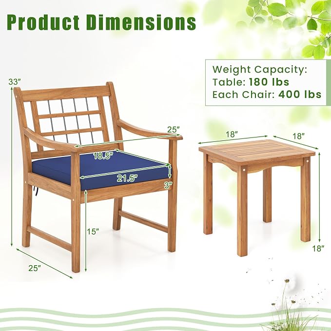 HAPPYGRILL 3 Piece Acacia Wood Patio Conversation Set, Outdoor Bistro Set with Cushions, Solid Wood Frame, 2 Armchairs & Coffee Table Set for Backyard, Porch, Poolside (Navy)