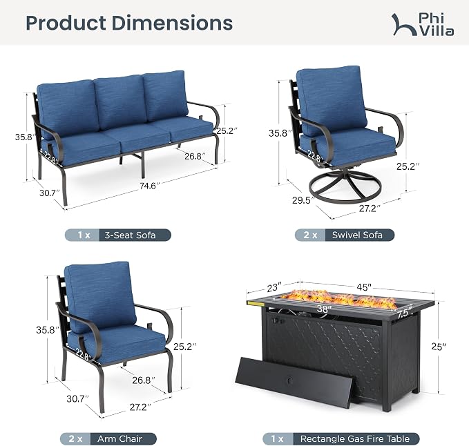 PHI VILLA Patio Furniture Set, 3-Seater Sofa, 2 Fixed Chairs, 2 Swivel Chairs and a 45" Fire Pit Table, Outdoor Metal Conversation Set with 5.75" Extra Thick Cushion for Garden Backyard Deck, Navy