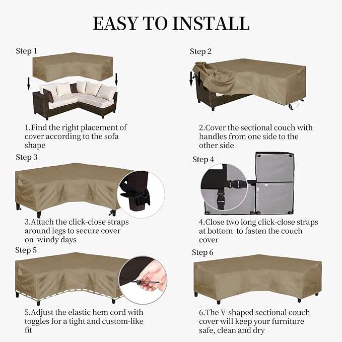 Easy-Going 600D Patio V-Shaped Sectional Sofa Cover, Waterproof Outdoor Sectional Cover,Heavy Duty Garden Furniture Cover with Air Vent 100" L (on Each Side) x 33.5" D x 31" H, Camel