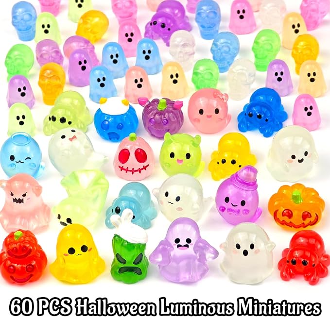 60 Pcs Halloween Luminous Mini Resin Figures Ghost Miniature Figurines | Glow in the Dark, Tiny Little Plastic Pumpkin Spider Skull Figures for Crafts Micro Landscape Fairy Garden Party Decor