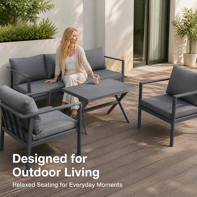 Aluminum Patio Sectional Furniture Set, 4 Piece Patio Conversation Sets Outdoor Patio Furniture Set Sofa with Coffee Table & Washable Cushions Grey