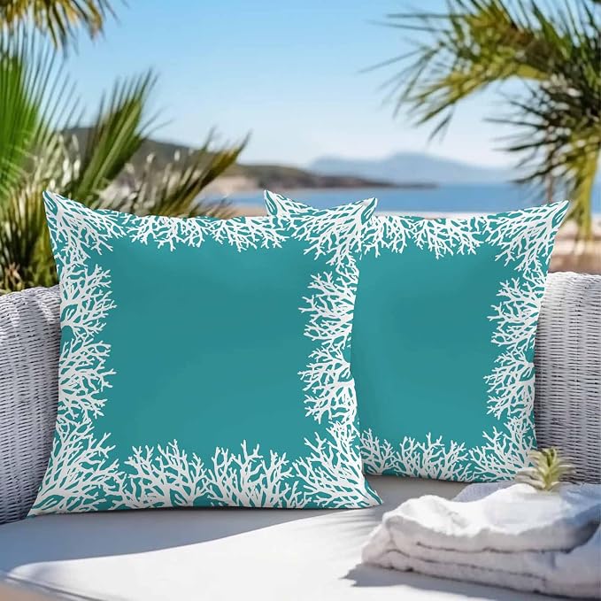 Vandarllin Outdoor Throw Pillows Covers 26x26 inch Set of 2 Waterproof Turquoise Coral Decorative Zippered Cushion Covers for Patio Furniture, Coastal Marine Life Lumbar Pillowcases