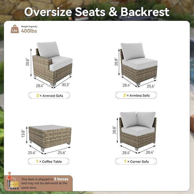 LazySunsets Luxury Patio Furniture Set, All-Weather Patio Sectional Sofas with Thickened Cushions, 6 Piece Outdoor Furniture Set, Grey