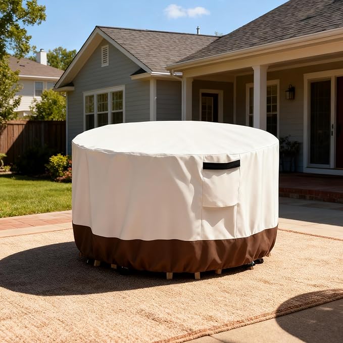 Outdoor Round Table Cover Waterproof Patio Furniture Covers,Patio Round Table Chair Set Covers - 84" Dia x 34" H (Beige & Brown)