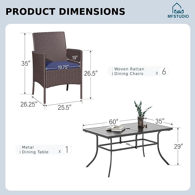 MFSTUDIO 7 Pieces Patio Wicker Outdoor Rattan Dining Furniture Set for 6, Outdoor Furniture Rectangular Dining Table and Chairs Set, Patio Wicker & Metal Dining Set for 6 and Chairs