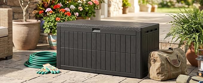 100 Gallon Outdoor Storage Box, Water proof Resins Deck Box with Lockable Lid, U V Resistants for Patio Furniture Garden Tools Pool Supplies 160x77x68cm / 63.0x30.3x26.8in