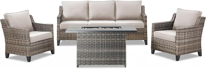 Patio Furniture Set with 42.5" Fire Pit Table-4 Pieces All Weather Wicker Outdoor Furniture with High Back Wicker Patio Chairs Set of 2 Outdoor Couch for Deck Backyard Beige/Gray