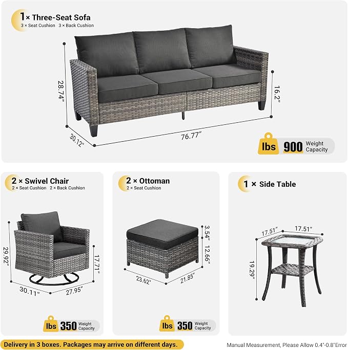 ovios 6 Pieces Patio Furniture Set, Outdoor Wicker Rattan Sofa Couch with Swivel Glider Chairs Comfy Cushions, Modern Conversation Set for Deck Backyard Porch, Black