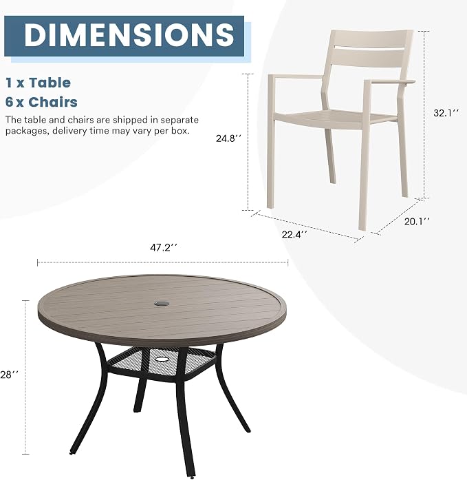 DIFY 7 Piece Outdoor Patio Dining Set for 6, Patio Table and Chairs Set with Umbrella Hole, 47.2" Round Dining Table and Stackable Metal Chairs for Backyard Garden Poolside, Grey Wood-Like & Sandshell