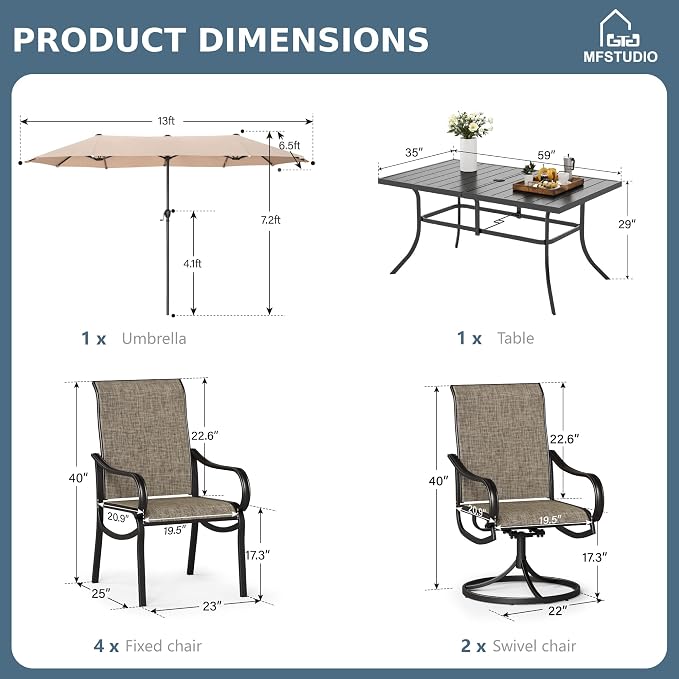 MFSTUDIO Patio Dining Set with Umbrella, Outdoor Dining Set for 6 Persons, Patio Furniture Set with 1 Rectangular Table Fixed Chairs 2 Swivel Chairs & Beige Umbrella (Base not Included)