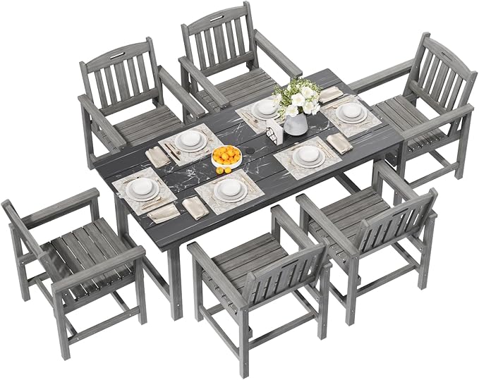 7-Piece HIPS Patio Dining Set, 66.9" W Marble Texture Outdoor Table with Umbrella Hole & 440LBS Capacity & Galvanized Steel Frame, 6 Chairs | 19.7" W, Dining Table Furniture Set for 6, Grey