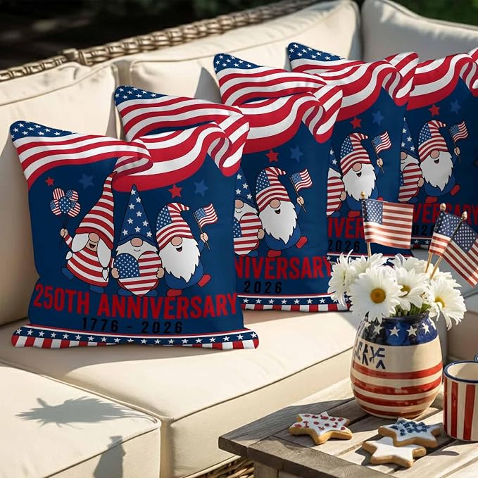 250th Anniversary Outdoor Pillow Covers 24"x24" Set of 2, Patriotic Gnome USA Flag Independence Day Waterproof Throw Pillow Covers for Patio Furniture, Decorative Cushion Covers for Porch