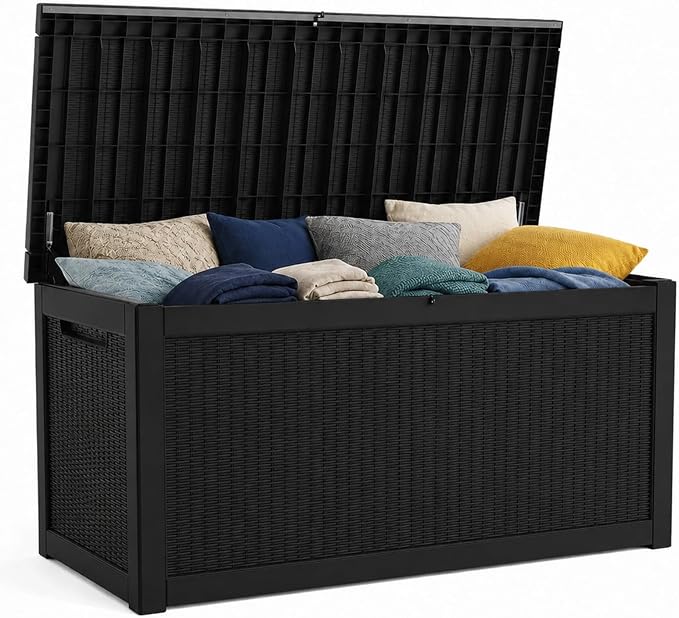 325 Gallon Extra Large Waterproof Deck Box, Heavy Duty Resin Outdoor Storage Box, Outside Storage Bench with Hydraulic Rod for Patio/Furniture Cushions/Garden Tools/Backyard/Pool Accessories, Black