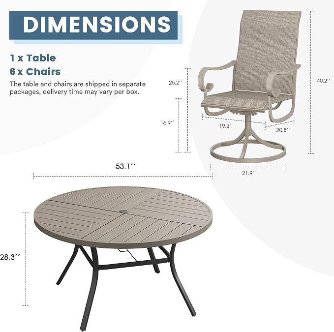 DIFY 7 Piece Outdoor Dining Set for 6, 53.1" Grey Wood-Like Round Metal Dining Table with Umbrella Hole and Swivel Patio Chairs with Sandshell Textilene, Patio Table and Chairs Set for Garden Backyard