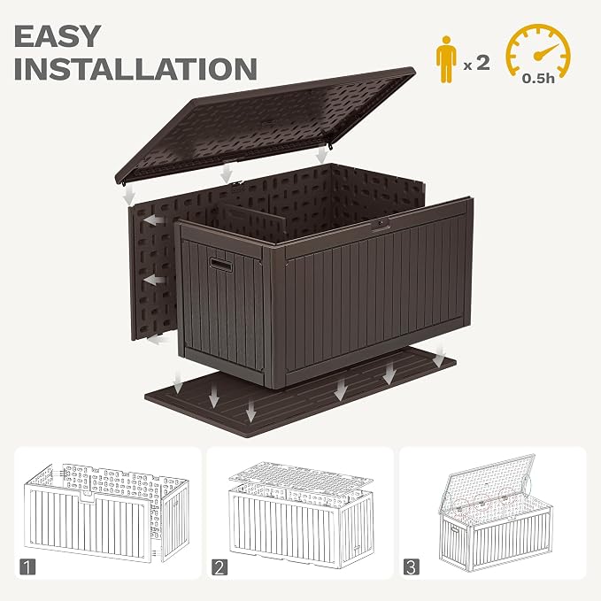 DWVO 320 Gallon Double-Wall Deck Box with Divider, XXL Extra Large Resin Outdoor Storage Box, Lockable & Waterproof, Double as Seating, 1000lbs Capacity (Brown)