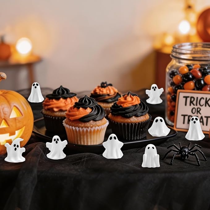 48 Pcs Halloween Mini Resin Ghosts Tiny Little White Ghost Figures Miniature Figurines for Halloween Party Tabletop Micro Landscape Decor