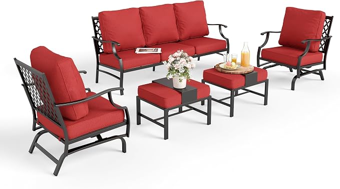 MIXPATIO Patio Furniture Set 5 pcs, Outdoor Patio Furniture, 3-Seat Sofa, 2 Rocking Chairs, 2 Ottomans and 5.75" Extra Thick Cushion, Patio Conversation Set for Garden Backyard Deck,Red