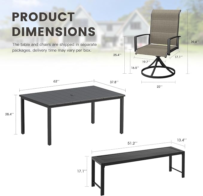 6 Pieces Outdoor Dining Set, Patio Table and Chairs Set with 51" Garden Bench for 6-7 People, 63" Outdoor Dining Table and Padded Swivel Patio Chairs for Deck Backyard, Mixed Brown and Black