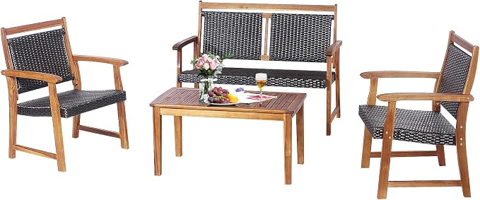 Tangkula 4 Pieces Patio Rattan Conversation Set with Acacia Wood Frame, Patiojoy Outdoor Furniture Set with Chairs & Coffee Table, Sectional Furniture Set for Garden, Backyard, Poolside