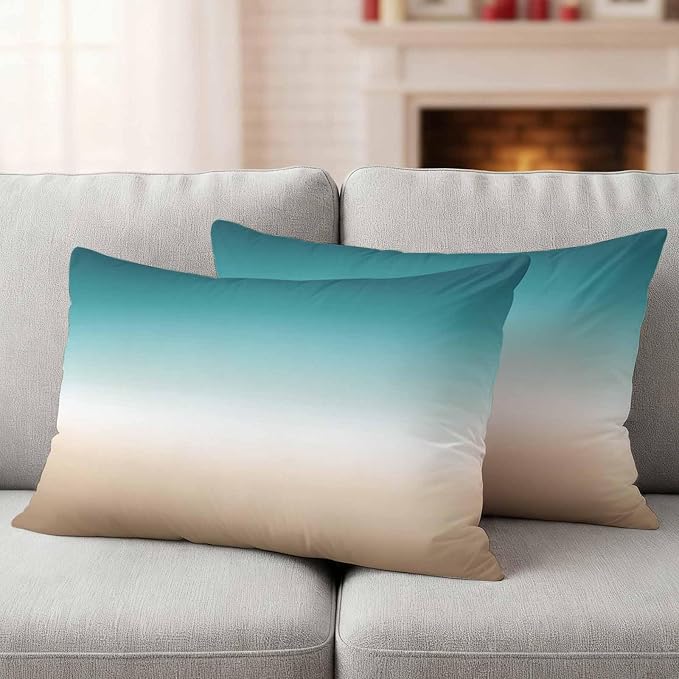 Outdoor Pillow Covers Set of 2, Teal to Khaki Gradient Art Decorative Throw Pillow Covers 20X12IN, Turquoise Watercolor Style Throw Pillows Protector Cushion Case for Patio,Couch,Sofa,Garden